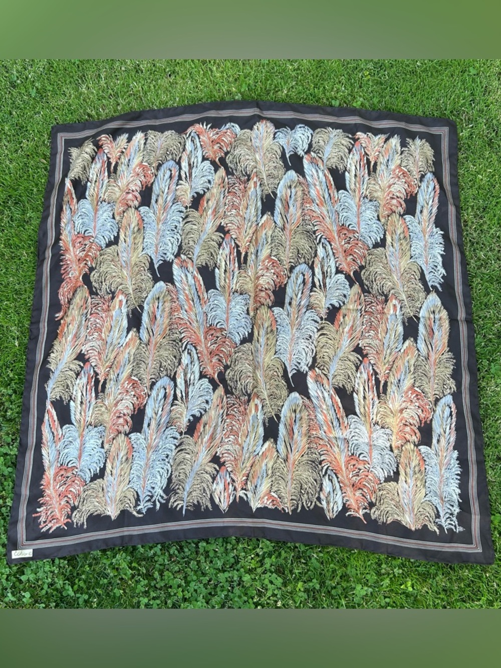 Vintage ECHO 100% Silk Scarf Black, Orange Tan Feather Motif Hand-rolled Edges